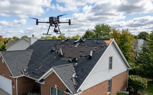 Aerial drone view of storm-damaged roof